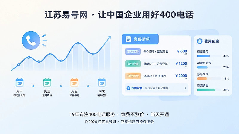 左图右文式扁平插画，左侧波动曲线和电话图标，右侧套餐清单与费用刻度